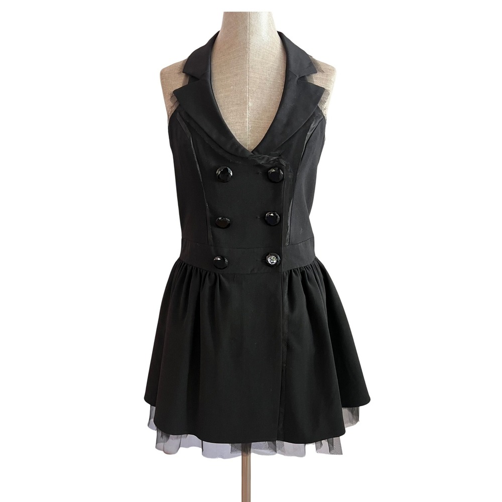 Black Tuxedo Racerback Mini Dress Double Breasted Bow Tulle Hem Size S